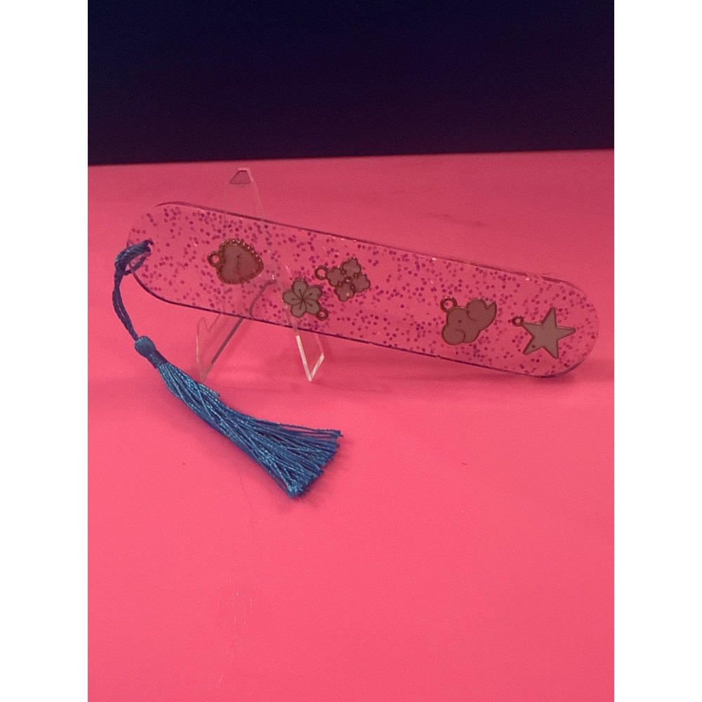 Handmade Pink Glitter Resin Bookmark with Blue Tassel Heart Star Flower Charms